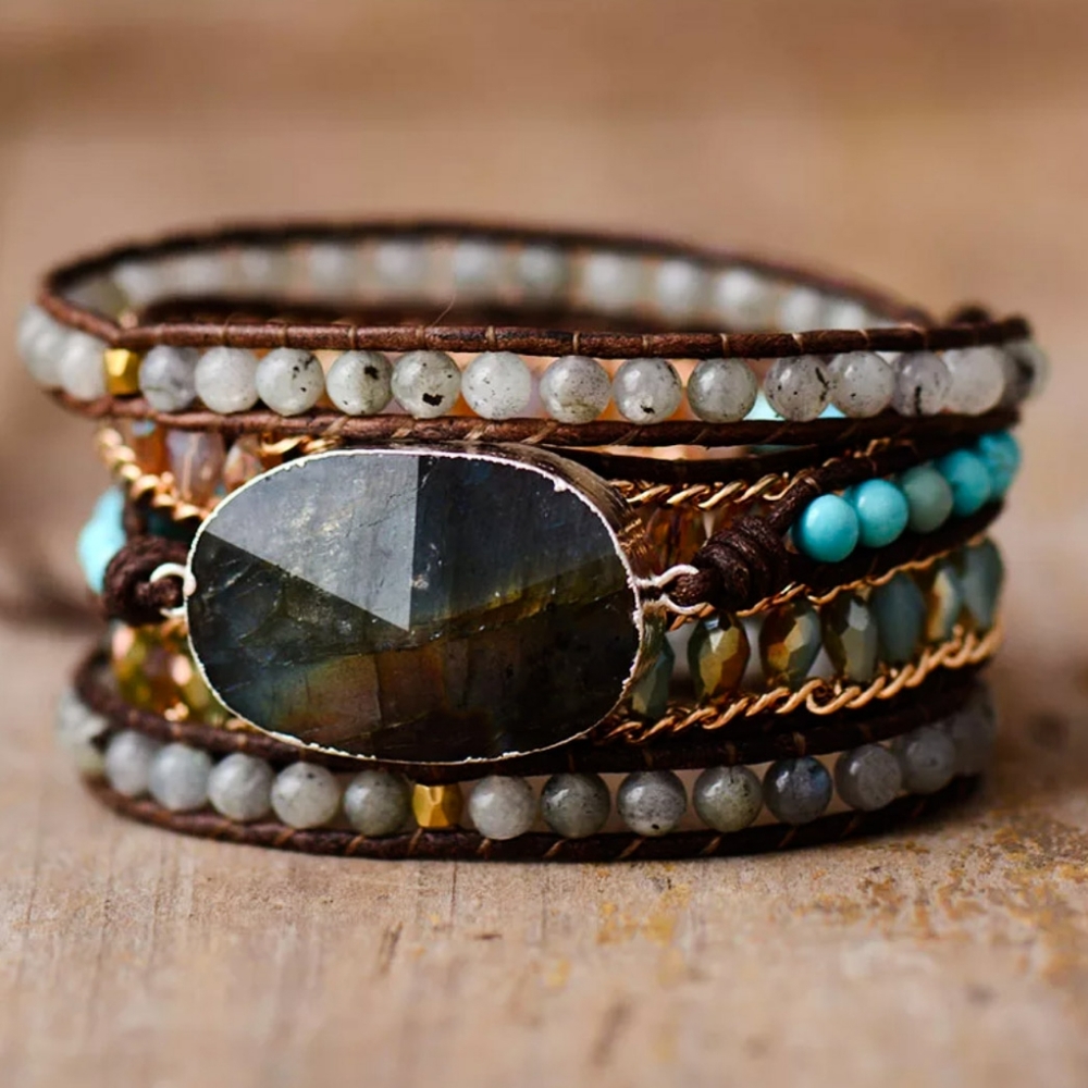 Ladies Handcrafted Leather Gemstone Wrap Bracelet - Picture 2 of 5